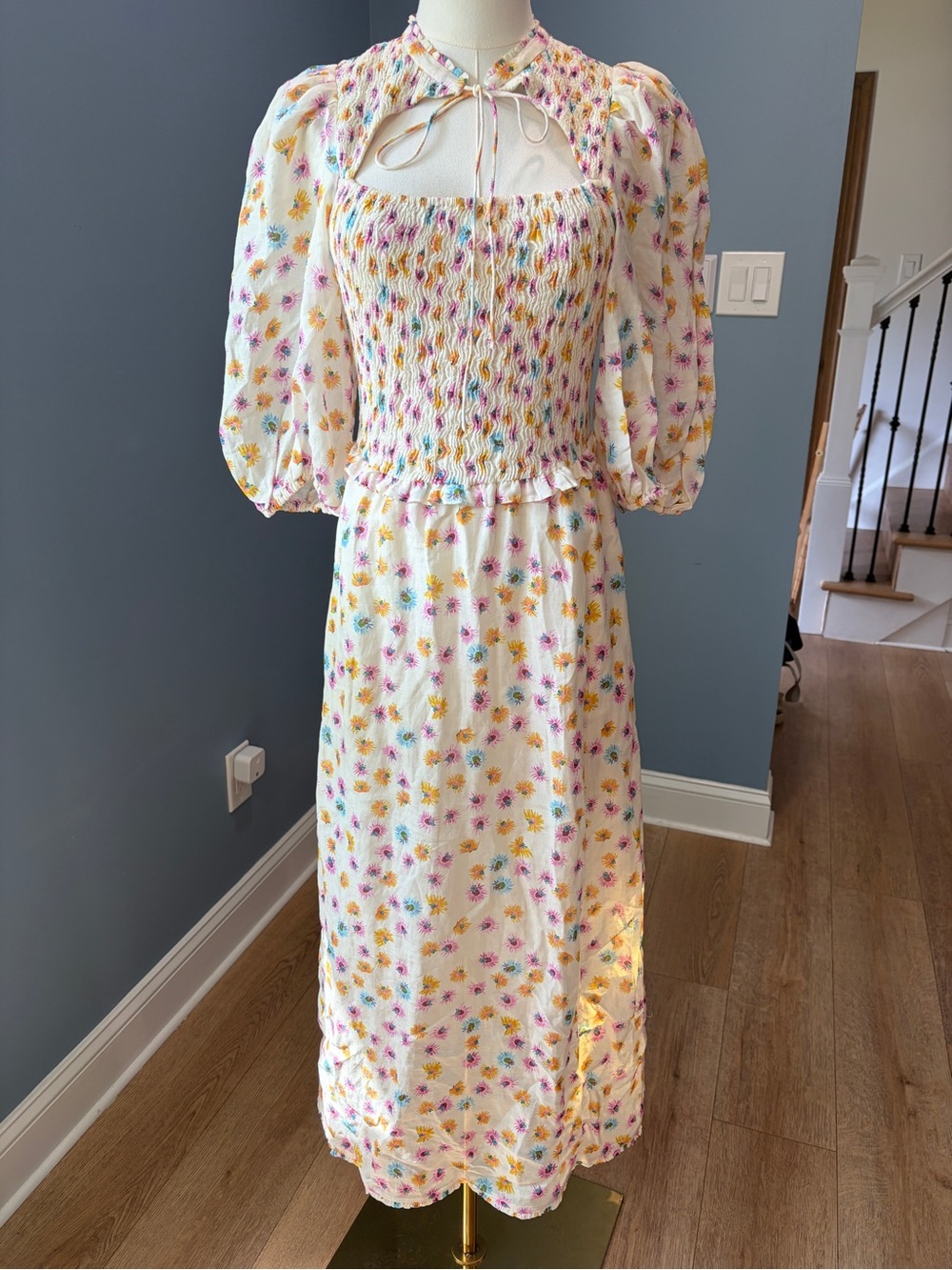 Dorothee Schumacher Floral Smocked Cutout Maxi Dress Puff Sleeve